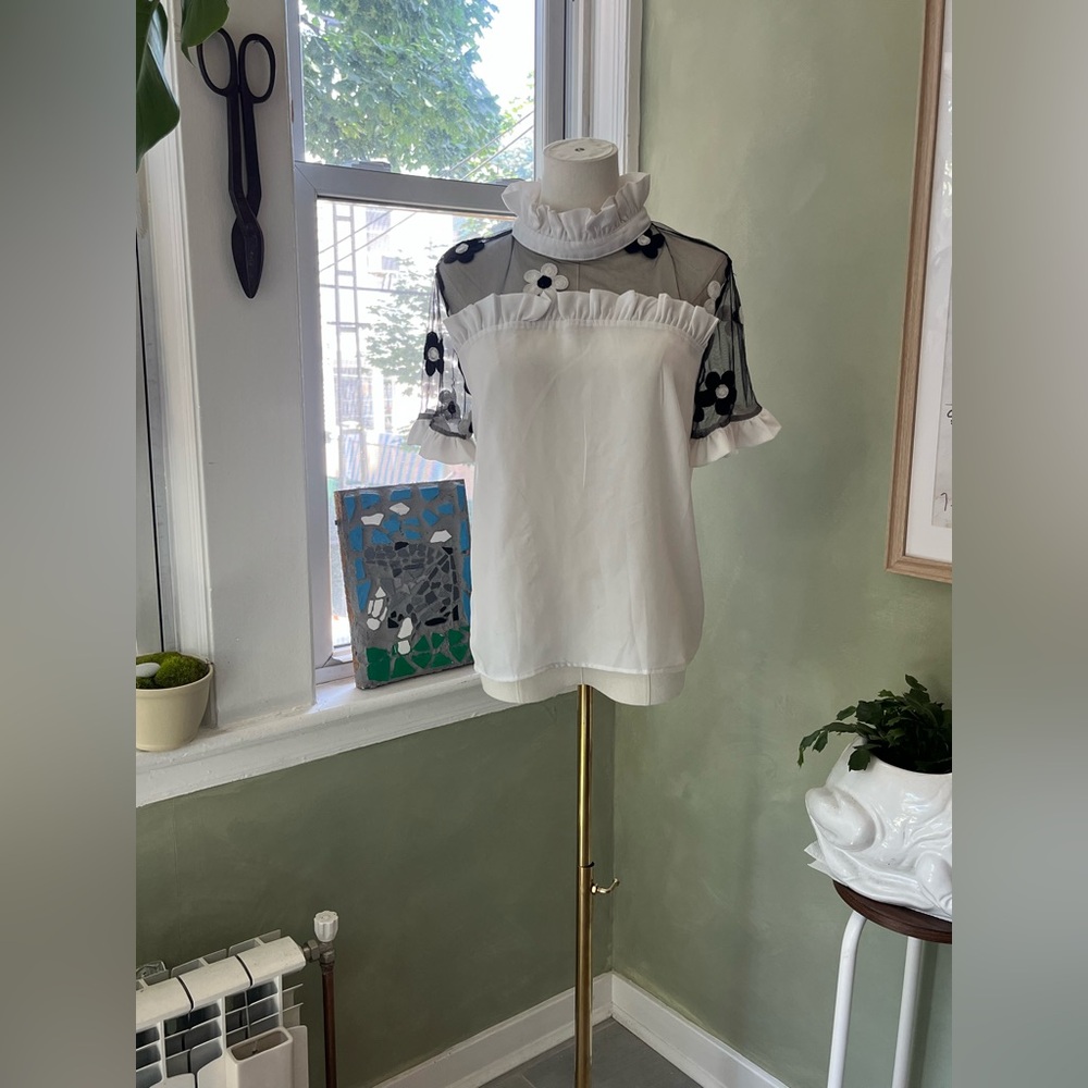 White with mesh and floral embroidered blouse